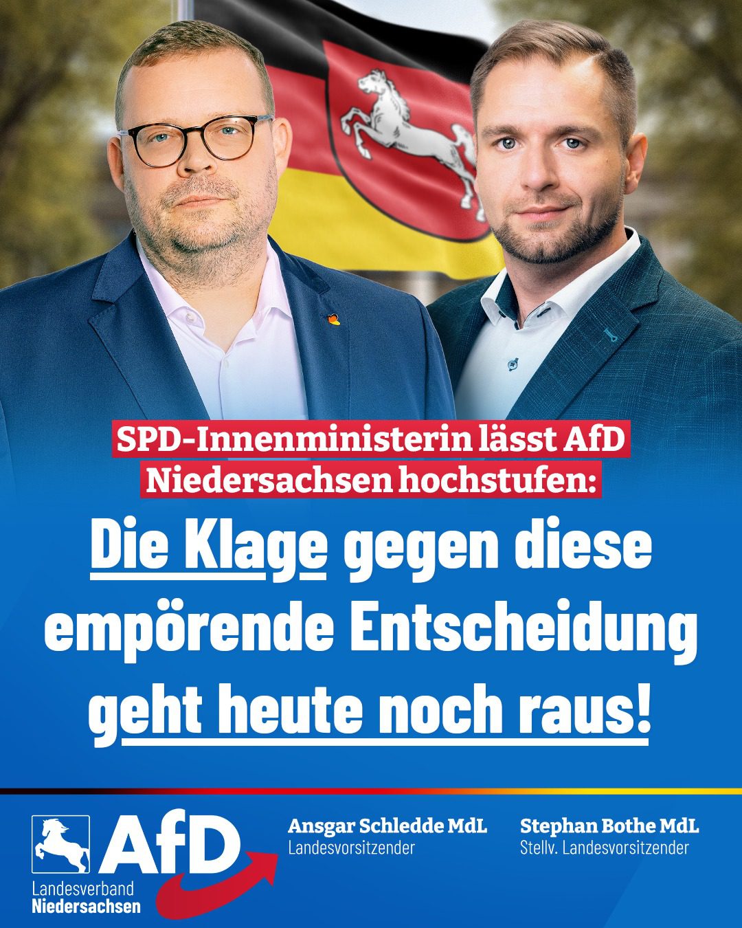 Kachel mit Ansgar Schledde und Stephan Bothe mit der Aufschrift "Die Klage gegen diese empörende Entscheidung geht heute noch raus!"
